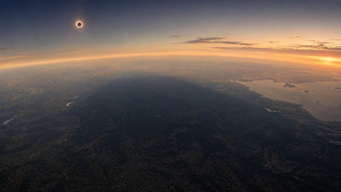A sombra da Lua a aproximar-se no horizonte, como um muro de escuridão sobre a paisagem.