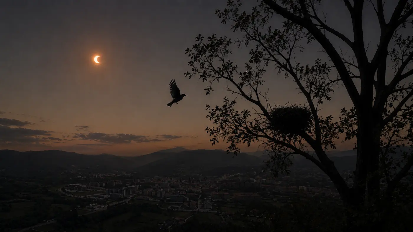 Silhueta de uma árvore com uma ave a voar para o ninho, sob uma estranha luz de entardecer.
