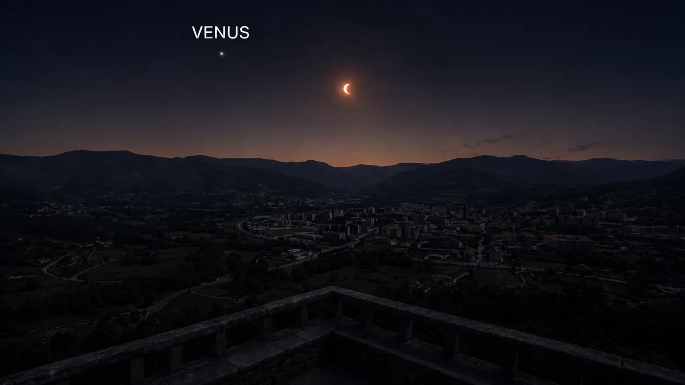 Céu escurecido com Vénus já visível junto ao Sol em foice finíssima, sobre a cidade iluminada.