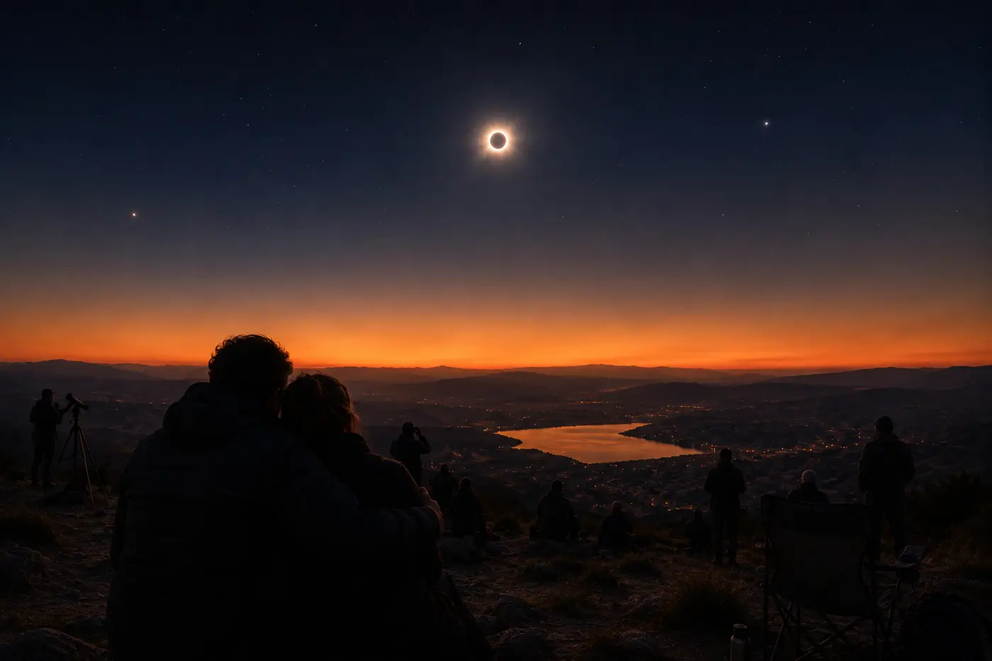 Duas pessoas abraçadas a contemplar a totalidade sobre um horizonte cor de pôr do sol.