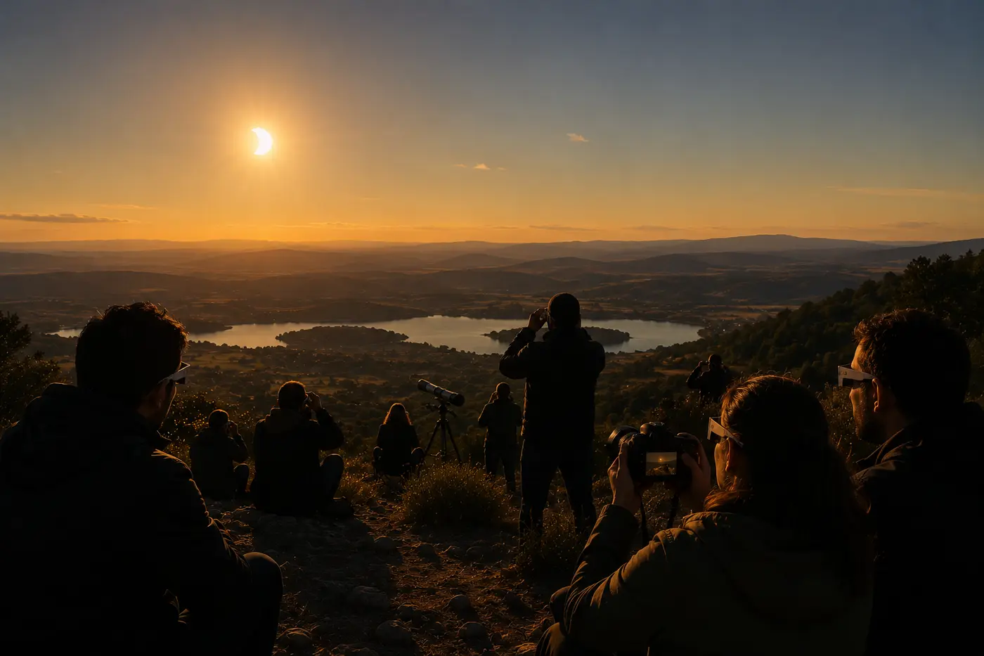 Observadores numa encosta a fotografar; a luz dourada regressa depois da totalidade.